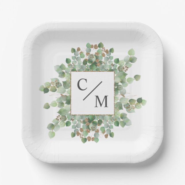 Monogram Eucalyptus  Dozen Brownies Paper Plate (Front)