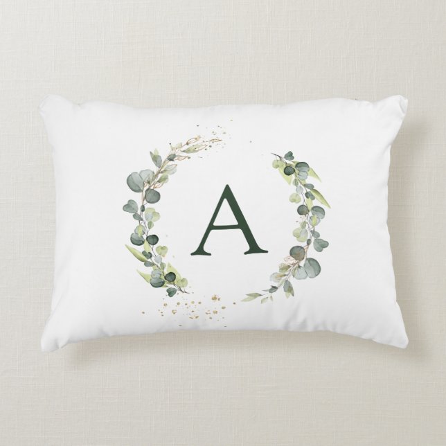 Monogram Eucalyptus Green White Botanical Decorative Cushion (Front)