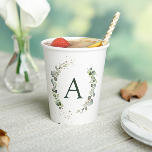 Monogram Eucalyptus Green White Botanical Paper Cups (Insitu)