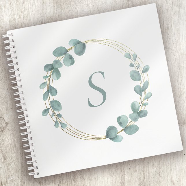Monogram Eucalyptus Greenery Gold Glitter Wreath Notebook (Creator Uploaded)