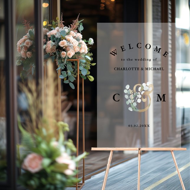 Monogram Eucalyptus greenery gold wedding welcome Acrylic Sign (Monogram Eucalyptus greenery gold wedding welcome Acrylic Sign)