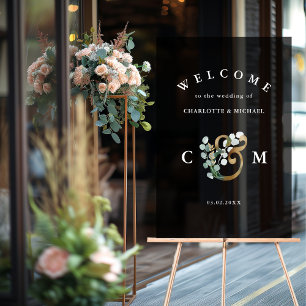 Monogram Eucalyptus greenery gold wedding welcome Acrylic Sign