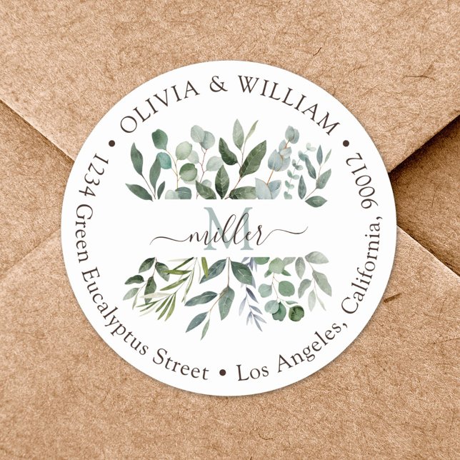 Monogram Eucalyptus Greenery Return Address Label (In situ)