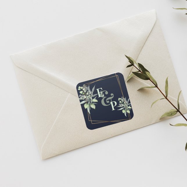 Monogram Eucalyptus Leaves Cute Greenery Wedding Square Sticker (Creator Uploaded)
