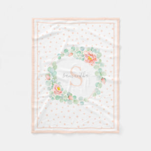 Monogram Eucalyptus Leaves Peony Floral Peach Jade Fleece Blanket