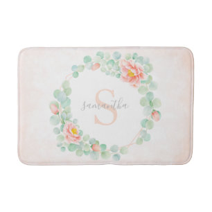 Monogram Eucalyptus Leaves Peony Floral Peach Sage Bath Mat