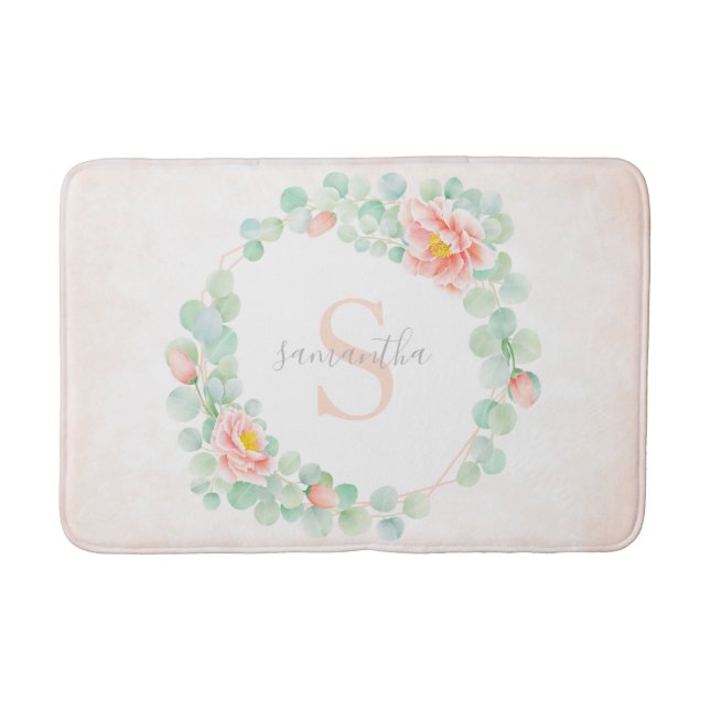 Monogram Eucalyptus Leaves Peony Floral Peach Sage Bath Mat (Front)