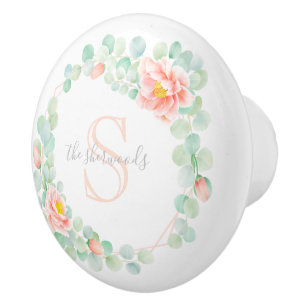 Monogram Eucalyptus Leaves Peony Floral Peach Sage Ceramic Knob