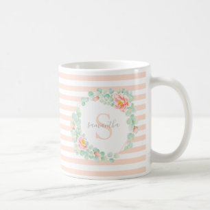 Monogram Eucalyptus Leaves Peony Floral Peach Sage Coffee Mug