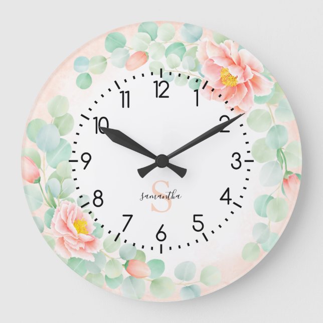 Monogram Eucalyptus Leaves Peony Floral Peach Sage Large Clock (Front)