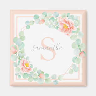 Monogram Eucalyptus Leaves Peony Floral Peach Sage Magnet