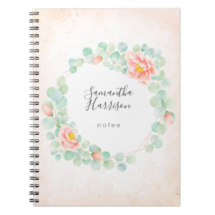 Monogram Eucalyptus Leaves Peony Floral Peach Sage Notebook
