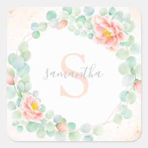 Monogram Eucalyptus Leaves Peony Floral Peach Sage Square Sticker