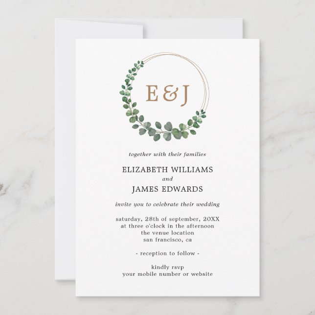 Monogram Eucalyptus Minimalist Wedding All In One Invitation (Front)