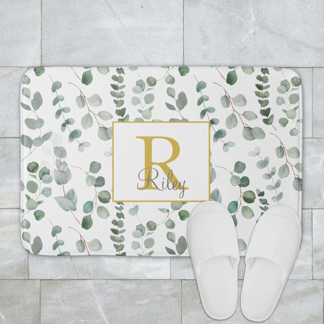 Monogram Eucalyptus Pattern Bath Mat (In situ bathroom floor)