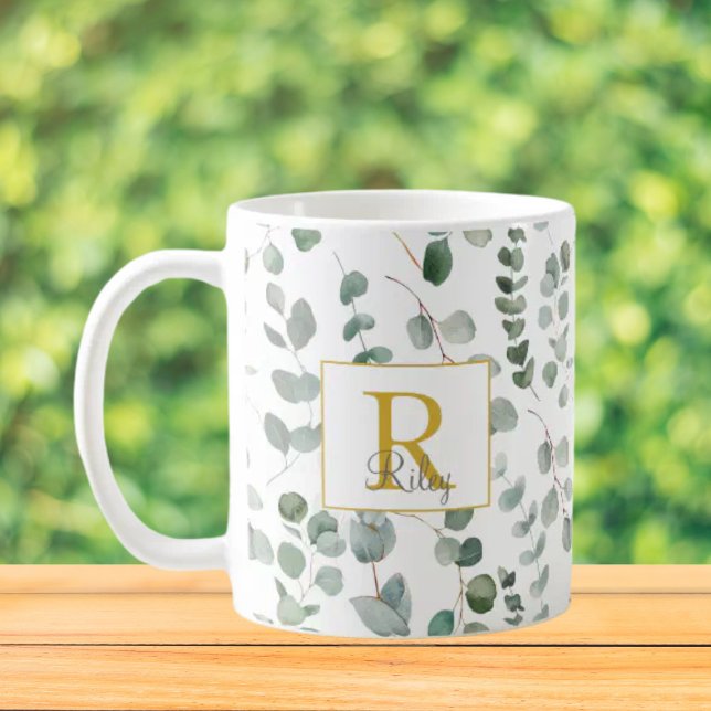 Monogram Eucalyptus Pattern Coffee Mug (Close up, On the table)