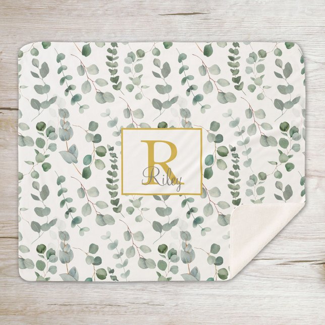 Monogram Eucalyptus Pattern Sherpa Blanket (Close up on wood)