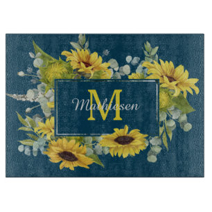 Monogram Eucalyptus Sunflower Frame on Blue Cutting Board
