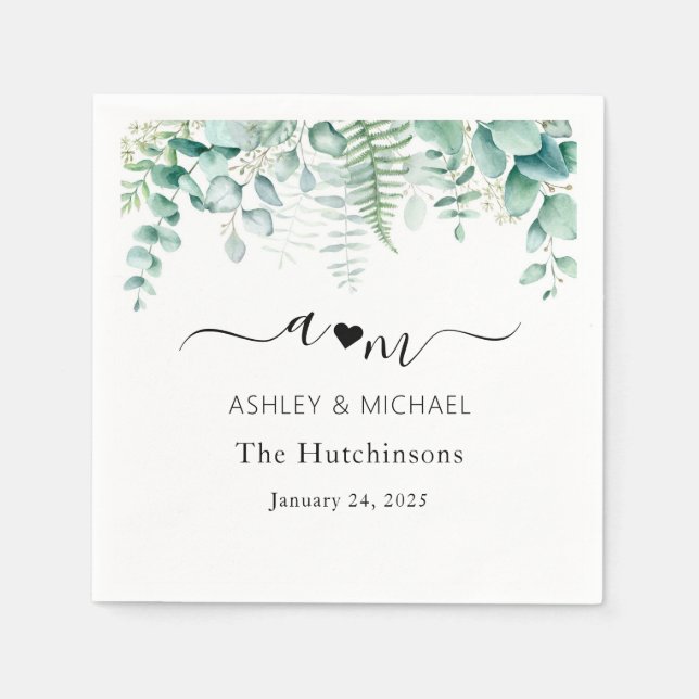 Monogram Eucalyptus Wedding Napkin (Front)