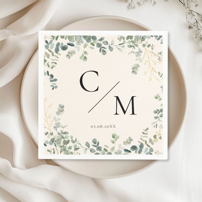 Monogram Eucalyptus Wedding  Napkin (Monogram Eucalyptus Wedding Napkinswith your name and date.)