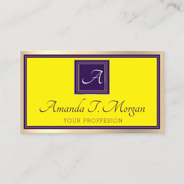 Monogram Event Planner Gold Frame Purple Yellow Business Card (Front)