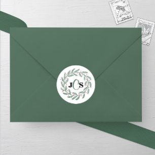 Monogram Evergreen Wreath Wedding Classic Round Sticker