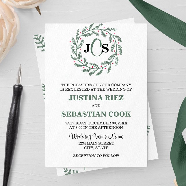 Monogram Evergreen Wreath Wedding Invitation (Creator Uploaded)