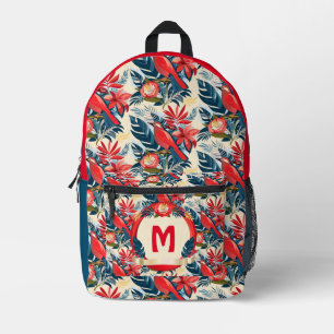 Monogram Exotic flowers and red birds pattern Boho Printed Backpack