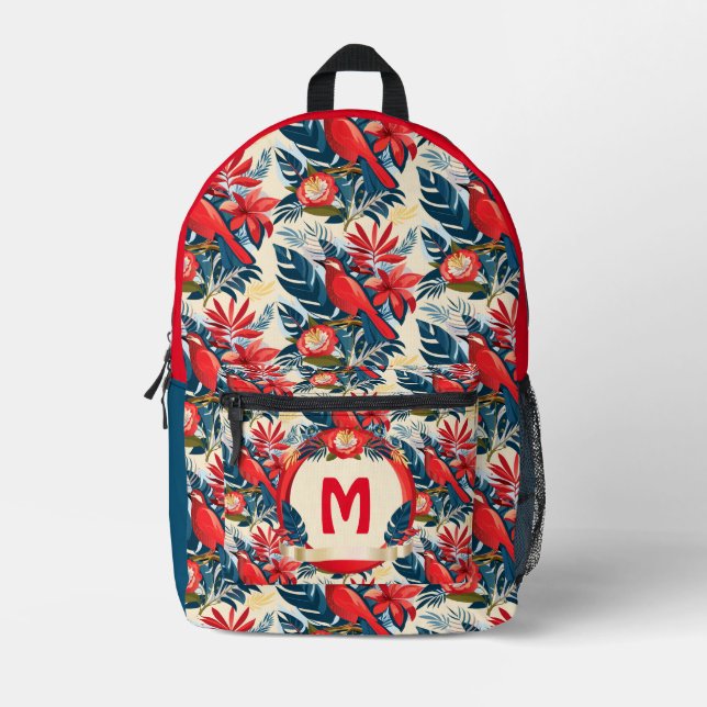 Monogram Exotic flowers and red birds pattern Boho Printed Backpack (Front)