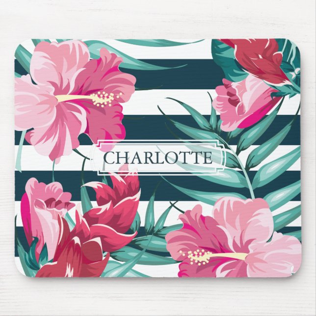Monogram Exotic Summer Floral striped Mouse Pad (Front)