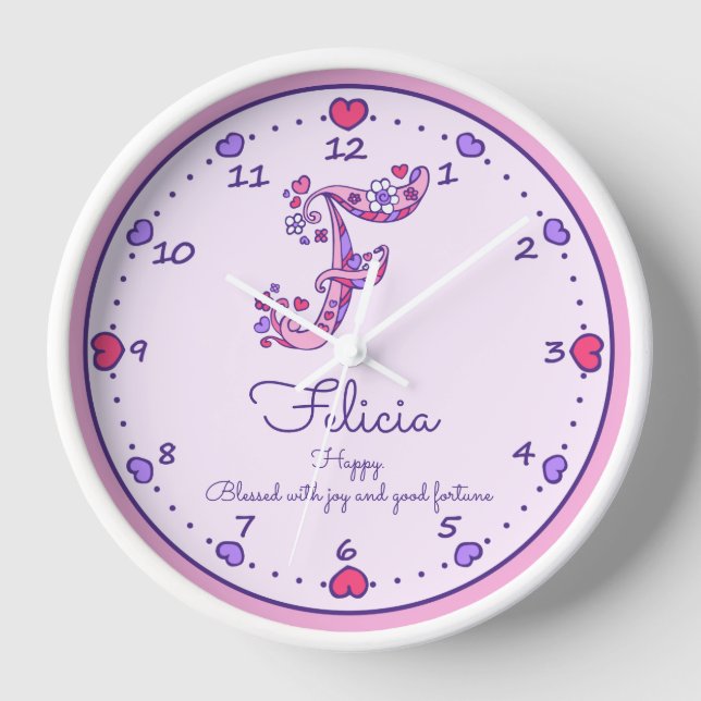 Monogram F Felicia hearts name meaning clock (Front)