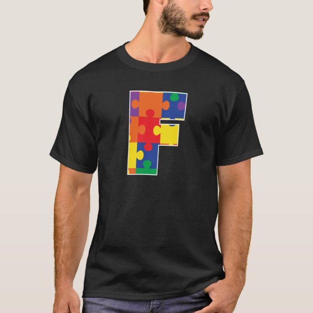 Monogram F in Multi Color Puzzle Pieces T-Shirt (Front)