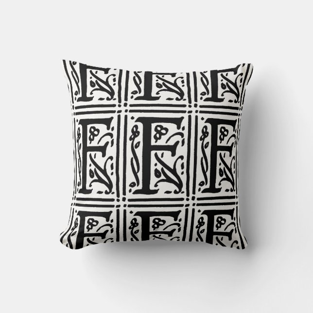 Monogram F Initial Black and White Floral Pattern Cushion (Front)