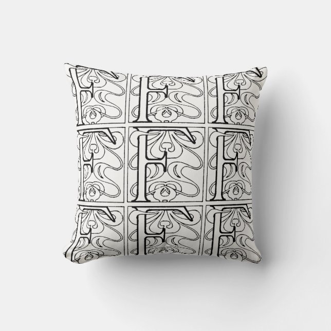 Monogram F Initial Black and White Floral Pattern Cushion (Front)