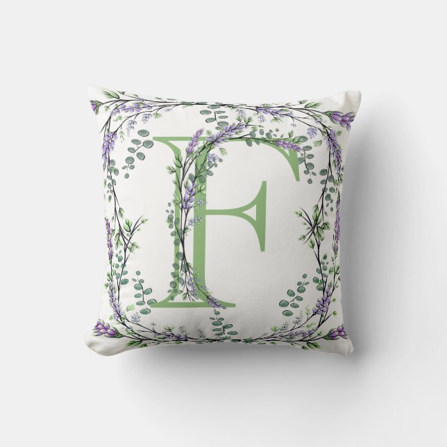 Monogram F Lavender Eucalyptus Cushion (Front)
