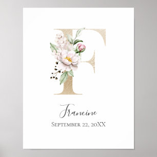 Monogram F Pink White Floral Gold Letter Nursery Poster