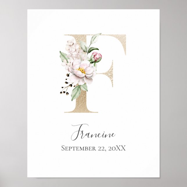 Monogram F Pink White Floral Gold Letter Nursery   Poster (Front)