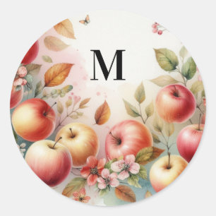 Monogram Fall apples in pastel colours watercolor Classic Round Sticker