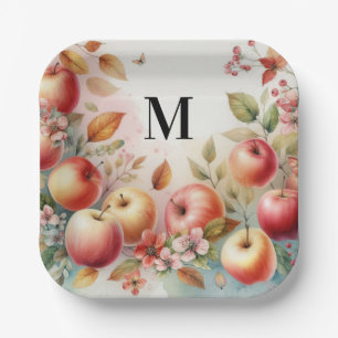 Monogram Fall apples in pastel colours watercolor Paper Plate