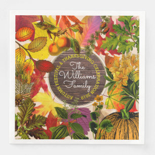 Monogram Fall Autumn Leaves Collage Vintage Wood Napkin