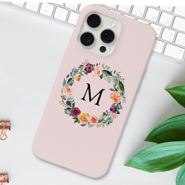 Monogram Fall Autumn Rose Flower Floral Wreath iPhone Case (In situ)