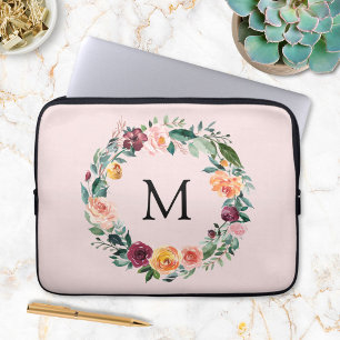 Monogram Fall Autumn Rose Flower Floral Wreath Laptop Sleeve