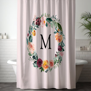 Monogram Fall Autumn Rose Flower Floral Wreath  Shower Curtain
