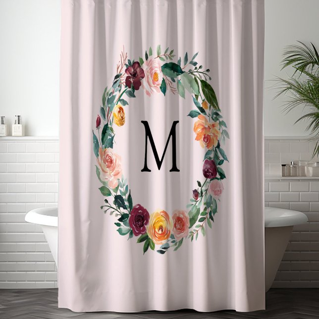 Monogram Fall Autumn Rose Flower Floral Wreath  Shower Curtain (In situ)