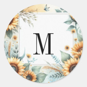 Monogram Fall flowers and sunflowers watercolor Classic Round Sticker