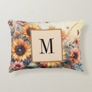 Monogram Fall flowers and sunflowers watercolor Decorative Cushion
