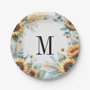 Monogram Fall flowers and sunflowers watercolor Paper Plate