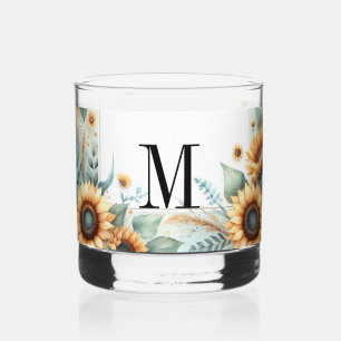 Monogram Fall flowers and sunflowers watercolor Whiskey Glass