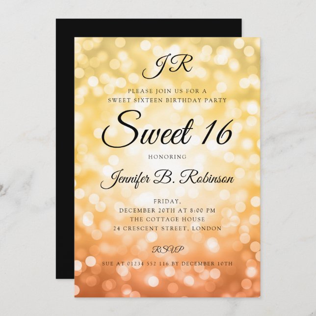 Monogram Fall Glitter Lights Sweet 16 Birthday Invitation (Front/Back)