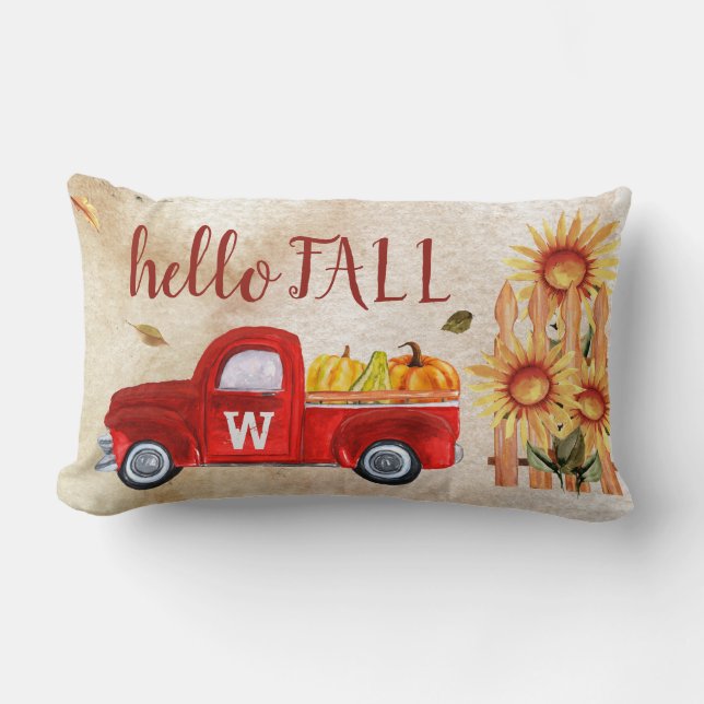 Monogram Fall Is Here Red Truck Pumpkin Sunflowers Lumbar Cushion (Front)